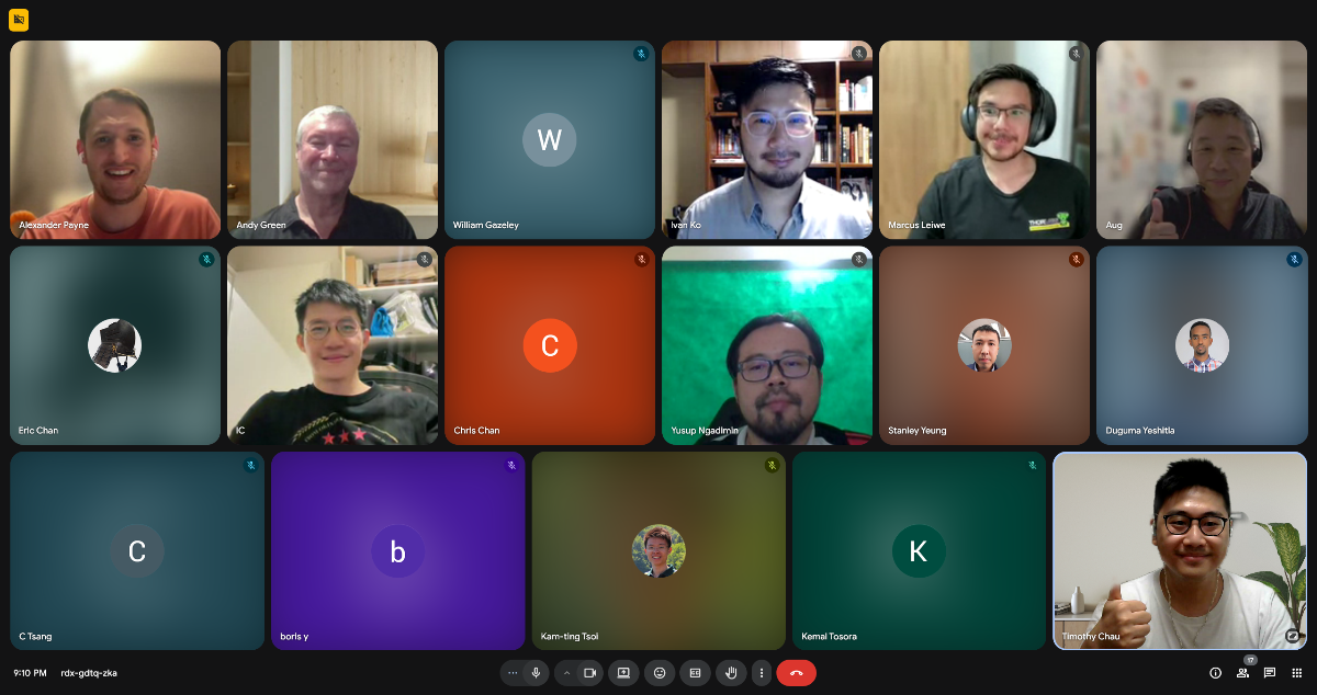 A screenshot of a video conference call displaying fifteen participants in a grid layout. Some participants are visible via live video feeds, while others are represented by profile pictures or their initials on colored backgrounds.. Text: Alexander Payne
Andy Green
William Gounley
Ivan Ko
Marcus Leiwe
Aug
Eric Chan
Chris Chan
Yusup Ngadenin
Stanley Yeung
Duguma Yoshita
C Tsung
boris y
Kam-ting Tsoi
Kemal Tosora
Timothy Chau
W
C
C
b
K
9:10 PM
rdr-gdtq-zka