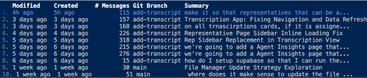 (Other) The image displays a screenshot of a software interface, likely a Git log or similar version control history, showing a list of commits or changes with details such as modification time, creation time, number of messages, Git branch, and a summary. Text: Modified Created # Messages Git Branch Summary 1. 4h ago 5h ago 115 add-transcript make it so that representatives that can be a... 2. 3 days ago 3 days ago 157 add-transcript Transcription App: Fixing Navigation and Data Refresh 3. 3 days ago 3 days ago 168 add-transcript on all trnascirptions cards, if it is assigne... 4. 4 days ago 4 days ago 226 add-transcript Representative Page Sidebar Inline Loading Fix 5. 5 days ago 5 days ago 318 add-transcript Rep Sidebar Replacement in Transcription View 6. 5 days ago 6 days ago 215 add-transcript we're going to add a Agent Insights page that... 7. 5 days ago 6 days ago 276 add-transcript we're going to add a Agent Insights page that... 8. 6 days ago 6 days ago 15 add-transcript how do I setup supabase so that I can run the... 9. 1 week ago 1 week ago 30 main File Manager Update Strategy Exploration 10. 1 week ago 1 week ago 51 main where dooes it make sense to update the file ... Note: This image is a screenshot of a user interface displaying structured data, specifically a log or list of entries. It does not fit the definitions of a photo, illustration, banner, logo, or handwriting, making 'other' the most appropriate category.