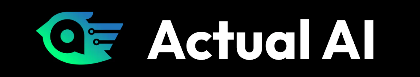 (Logo) A logo featuring a stylized eye-like graphic with circuit board elements in a green-to-blue gradient, positioned to the left of the white text 'Actual AI' on a solid black background. Text: Actual AI Colors: #00FF80, #0080FF, #FFFFFF Note: The image clearly presents a brand identifier, combining a unique graphic symbol with a company name, which is the defining characteristic of a logo.