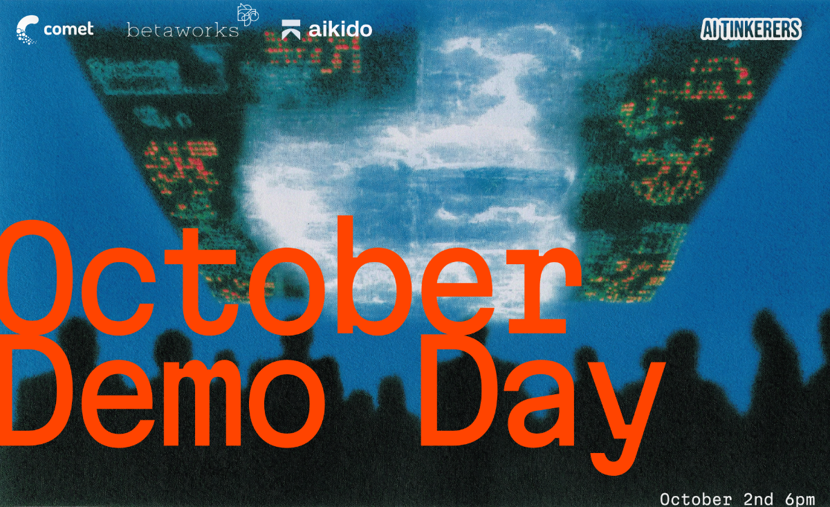 This is a promotional banner advertising an event called 'October Demo Day,' featuring large orange text set against a dark blue, stylized background showing a silhouetted crowd looking up at a hovering, futuristic structure.. Text: comet betaworks aikido AI TINKERERS October Demo Day October 2nd 6pm