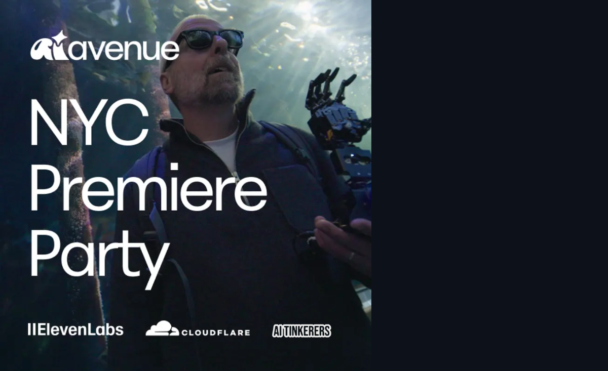 A promotional banner for an event, featuring a photograph of a man wearing sunglasses and a mechanical prosthetic arm in an underwater or aquarium setting, overlaid with large white text advertising an 'NYC Premiere Party.'. Text: avenue NYC Premiere Party ElevenLabs CLOUDFLARE AITINKERERS