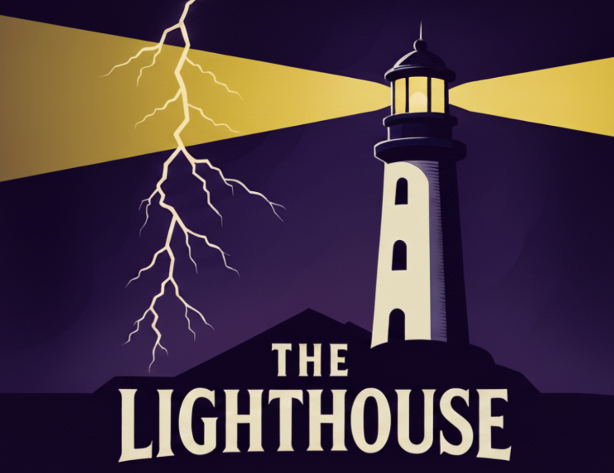 A stylized illustration depicting a lighthouse standing against a dramatic dark purple sky, illuminated by its own bright yellow beam and a striking bolt of lightning. The title "THE LIGHTHOUSE" is prominently displayed at the base of the structure.