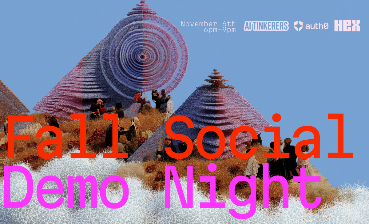 A promotional banner advertising a "Fall Social Demo Night" event, featuring large, high-contrast text overlaid on an abstract digital landscape composed of textured, fractal-like mounds and small human figures against a light blue sky.. Text: Fall Social Demo Night November 6th 6pm-9pm AITINKERERS auth0 HEX