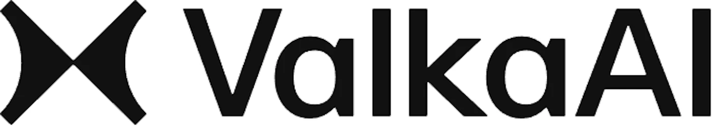 (Logo) A minimalist black logo featuring an abstract symmetrical symbol resembling an 'X' or bowtie, followed by the brand name 'ValkaAI' in a bold, sans-serif typeface, all set against a white background. Text: ValkaAI Colors: #000000, #FFFFFF Note: The image is clearly a brand identifier consisting of a graphic mark and associated text, designed for corporate or product recognition.