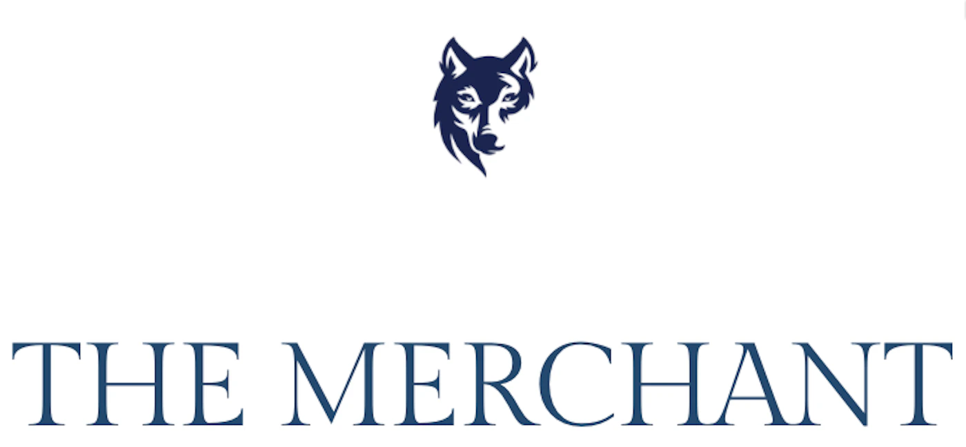 (Logo) A minimalist logo featuring a dark blue wolf's head above the text 'THE MERCHANT' in a serif font. Text: THE MERCHANT Colors: #1d2b4d, #ffffff Note: The image features a distinct graphic icon paired with a brand name, which is the standard format for a corporate or brand logo.