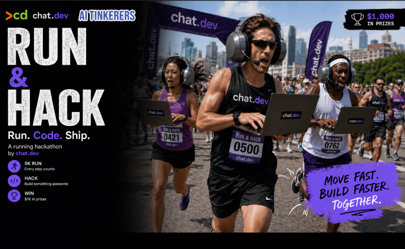 (Banner) A promotional banner for the 'Run & Hack' event, featuring runners coding on laptops during a marathon. Text: chat.dev AI TINKERERS RUN & HACK Run. Code. Ship. A running hackathon by chat.dev 5K RUN Every step counts HACK Build something awesome WIN $1K in prizes $1,000 IN PRIZES 0421 0500 0762 MOVE FAST. BUILD FASTER. TOGETHER. modern, energetic, bold | Colors: #000000, #7B2CBF, #FFFFFF Note: It is a promotional event graphic combining text, logos, and thematic imagery to advertise a hackathon.