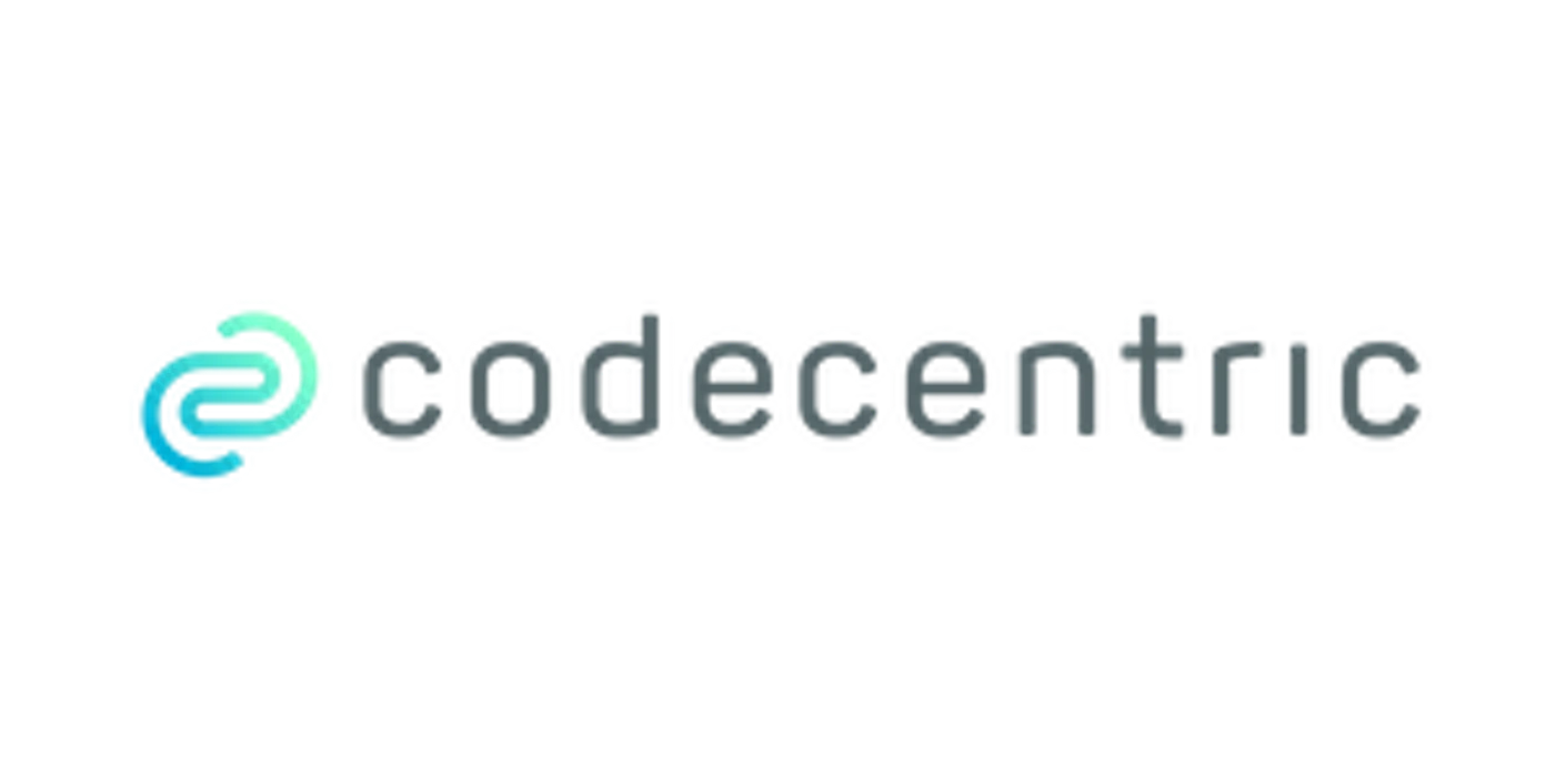 (Logo) A logo for 'codecentric' featuring a stylized interlocking link icon with a blue-to-green gradient and lowercase grey text on a black background. Text: codecentric Colors: #000000, #23a9d5, #54c8b2, #7d868c Note: The image displays a corporate brand name paired with a unique graphical symbol, which is the defining characteristic of a logo.
