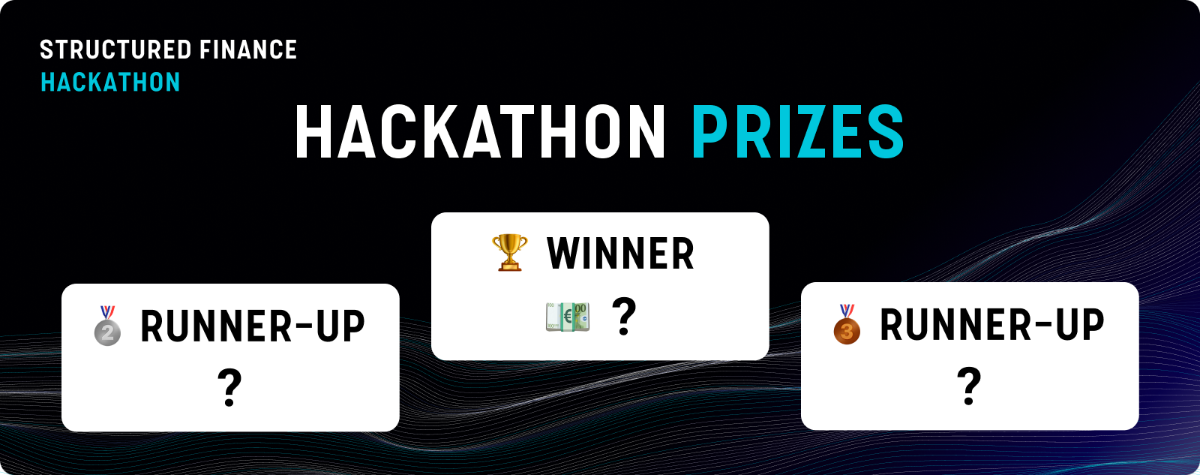 (Banner) A promotional digital banner for a 'Structured Finance Hackathon' displaying prize categories for a winner and two runners-up. Text: STRUCTURED FINANCE HACKATHON HACKATHON PRIZES RUNNER-UP ? WINNER ? RUNNER-UP ? Modern, professional, and tech-oriented. | Colors: #000000, #FFFFFF, #00CED1 Note: The image is a digital graphic designed for promotional purposes, featuring a structured layout with headlines and informational cards typical of a web banner or presentation slide.