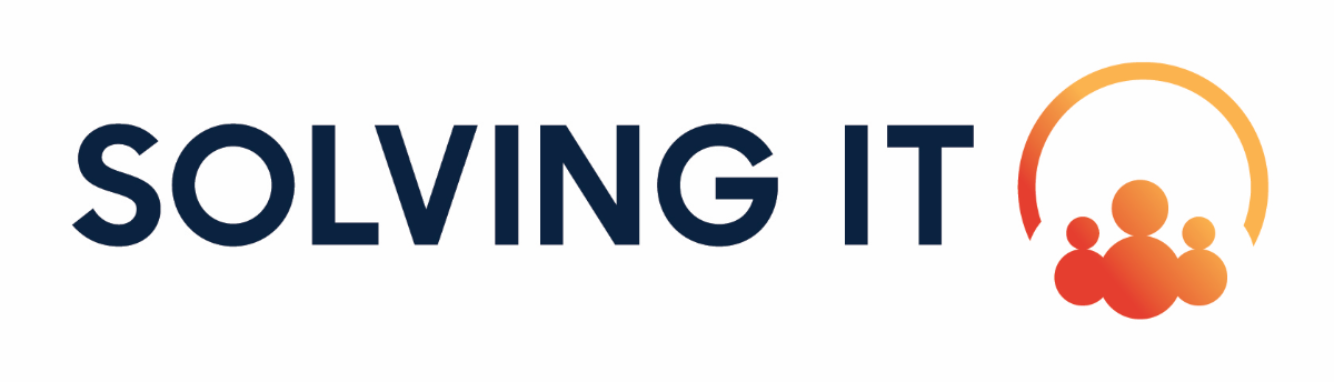 (Logo) A clean, modern logo for 'SOLVING IT' featuring a dark blue wordmark and a stylized orange-to-red gradient icon of three people within a circular arc. Text: SOLVING IT Colors: #0D2140, #E84E36, #FDBA4D, #FFFFFF Note: The image features a combination of a brand name in a specific typeface and a unique graphic symbol, which is the standard composition of a logo.