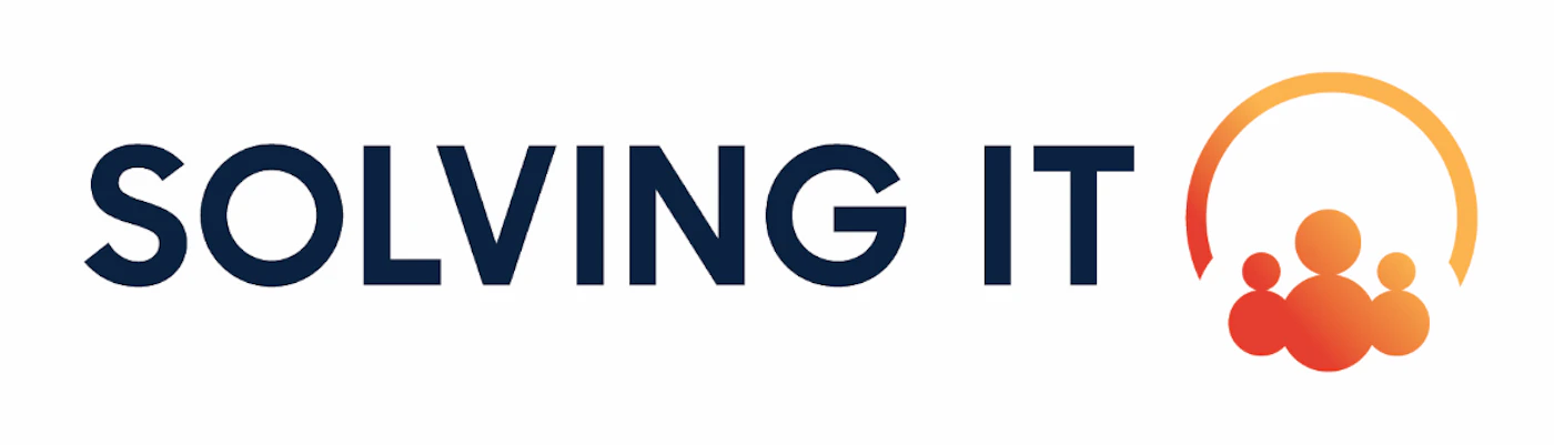 (Logo) A clean, modern logo for 'SOLVING IT' featuring a dark blue wordmark and a stylized orange-to-red gradient icon of three people within a circular arc. Text: SOLVING IT Colors: #0D2140, #E84E36, #FDBA4D, #FFFFFF Note: The image features a combination of a brand name in a specific typeface and a unique graphic symbol, which is the standard composition of a logo.