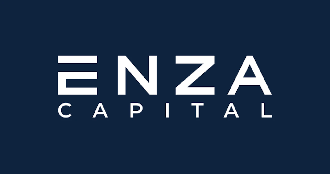 (Logo) A minimalist logo featuring the words 'ENZA CAPITAL' in white text against a solid dark blue background. Text: ENZA CAPITAL Colors: #FFFFFF, #1A2B42 Note: The image displays a company name, 'ENZA CAPITAL', presented in a distinct, stylized font and layout on a solid background, which is characteristic of a corporate logo designed for brand identification.
