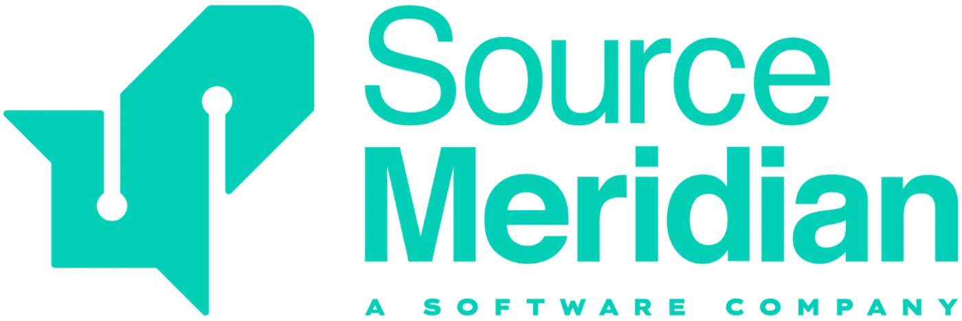 (Logo) A logo for 'Source Meridian' featuring a stylized teal graphic resembling two overlapping fountain pen nibs or speech bubbles, positioned next to the company name and the tagline 'A SOFTWARE COMPANY', all set against a black background. Text: Source Meridian A SOFTWARE COMPANY Colors: #000000, #00bfa5 Note: This image is a professional graphic mark designed specifically to represent a brand ('Source Meridian') and includes both an iconographic element and text, classifying it as a logo.