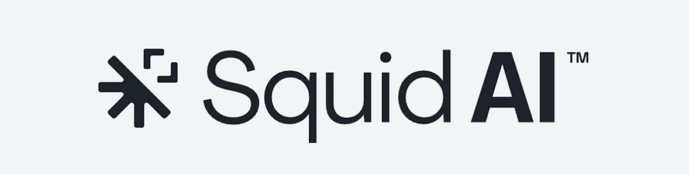 (Logo) The image displays a modern logo for 'Squid AI™' featuring a stylized graphic symbol resembling an asterisk with a corner bracket, alongside the brand name in a clean sans-serif font, all set against a light gray background. Text: Squid AI™ Colors: #232629, #F0F1F2 Note: This image features a distinctive graphic element combined with a brand name and a trademark symbol, typical characteristics of a corporate or product logo designed for brand identification.