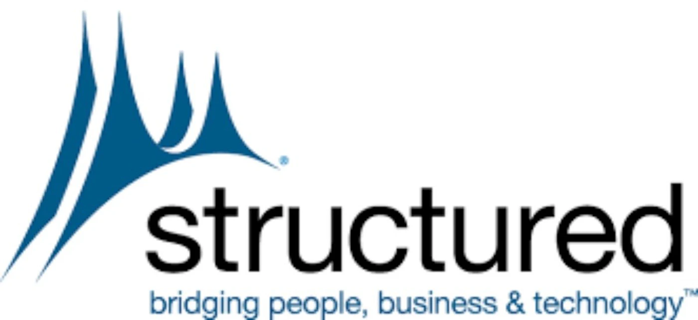 (Logo) A logo featuring a stylized blue graphic resembling abstract peaks or waves, positioned to the left of the black text 'structured'. Below the main text, a blue tagline reads 'bridging people, business & technology™'. Text: structured bridging people, business & technology™ Colors: #000000, #0072bc, #FFFFFF Note: This image is clearly designed to represent a brand, featuring a distinctive graphic symbol alongside a company name and a descriptive tagline, which are all characteristics of a corporate logo.