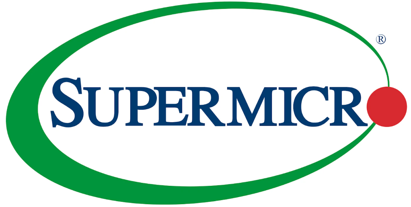 (Logo) A logo for Supermicro featuring the brand name in dark blue serif text, framed by a green oval shape that connects to a red circle on the right side. A small registered trademark symbol is visible at the top right. Text: SUPERMICRO® Colors: #003366, #008000, #CC0000 Note: The image clearly displays a stylized company name alongside a distinct graphic element, which is the primary characteristic of a brand logo designed for recognition and identity.