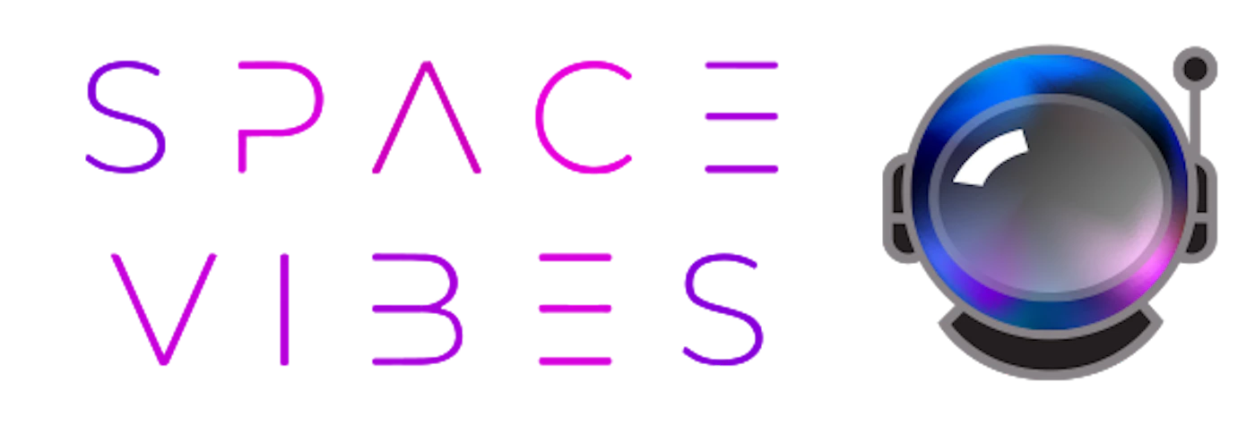 (Logo) The image displays the text 'SPACE VIBES' in a stylized, gradient font alongside a graphic of an astronaut's helmet with a reflective visor showing cosmic colors. Text: SPACE VIBES Colors: #8A2BE2, #FF00FF, #0000FF, #363636, #FFFFFF Note: The image combines a brand name ('SPACE VIBES') with a distinctive graphic element (astronaut helmet) in a cohesive design, intended to represent an identity or concept, which is characteristic of a logo.