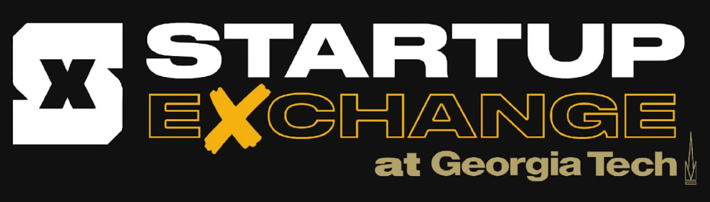(Logo) A logo for 'Startup Exchange at Georgia Tech' featuring bold white and gold text on a dark gray background. It includes a stylized white 'S' and 'X' graphic on the left and a small gold 'GT' symbol on the right. Text: STARTUP EXCHANGE at Georgia Tech Colors: #1a1a1a, #ffffff, #e0b34d Note: The image functions as a brand identifier, combining text with distinctive graphic elements to represent an organization or initiative, which is the primary characteristic of a logo.