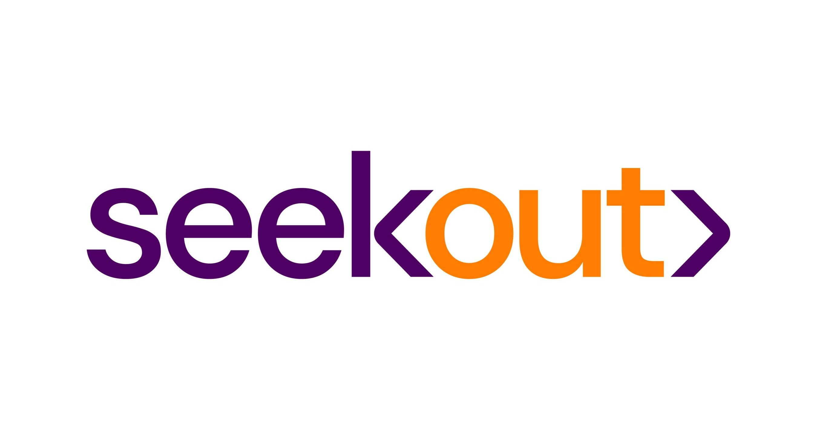 (Logo) A minimalist logo featuring the word "seekout" in a sans-serif font. The first part "seek" is in a deep purple, while "out" is in a vibrant orange, followed by a purple right-angle bracket. The logo is set against a plain white background. Text: seekout> Colors: #50107E, #F37021, #FFFFFF Note: The image clearly displays a stylized wordmark with a distinct color scheme and a small graphic element, characteristic of a brand or company identifier. Its purpose is to represent an entity visually.