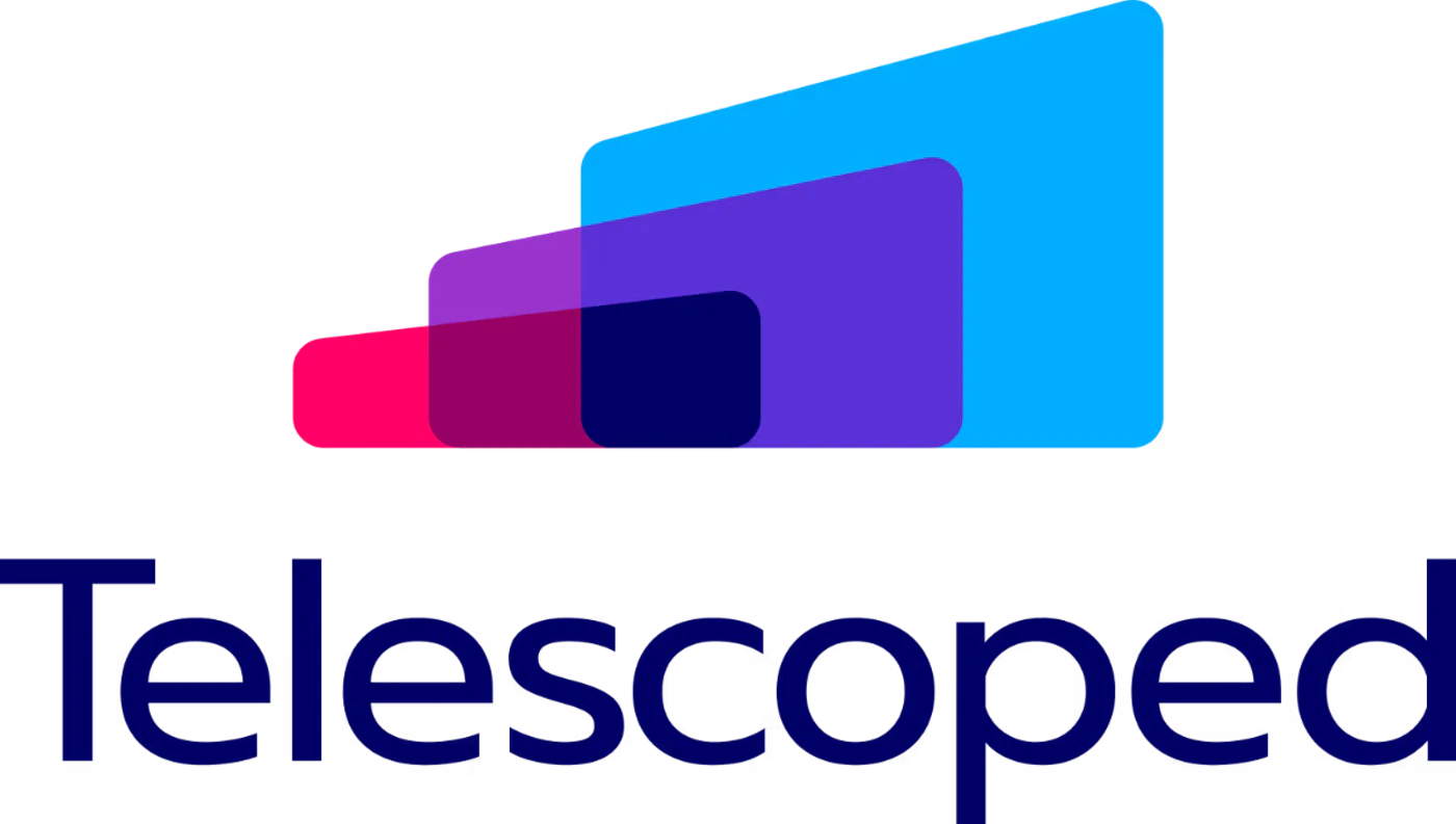 (Logo) A modern logo featuring a series of overlapping, rounded rectangular shapes in a gradient of colors (pink, purple, and blue) positioned above the brand name 'Telescoped' written in dark blue. Text: Telescoped Colors: #FF0066, #800080, #00BFFF, #191970 Note: The image consists of a stylized graphic mark combined with a distinct company name, designed for brand identification and recognition, which is the primary function of a logo.