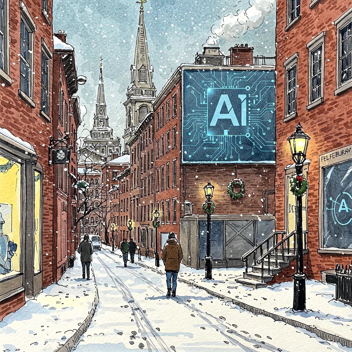 An illustration of a snowy city street with a large AI sign displayed on a building.. Text: AI
FEL FEBRUARY