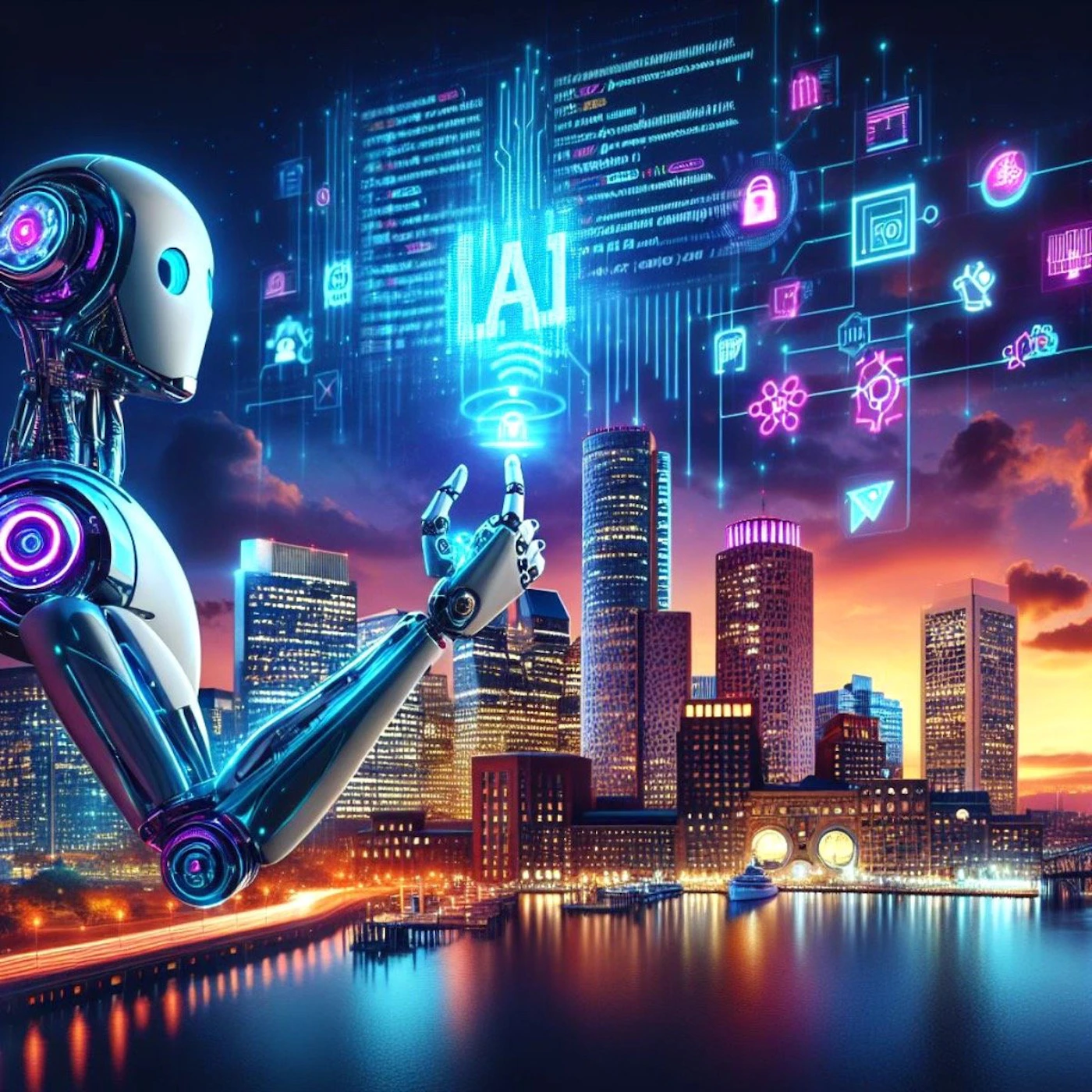 (Illustration) An illustration of a robot interacting with a holographic display featuring the letters 'AI' and various icons, with a cityscape in the background. Text: AI 3D Note: The image is a digitally created artwork depicting a futuristic scene, not a photograph or other type of image.