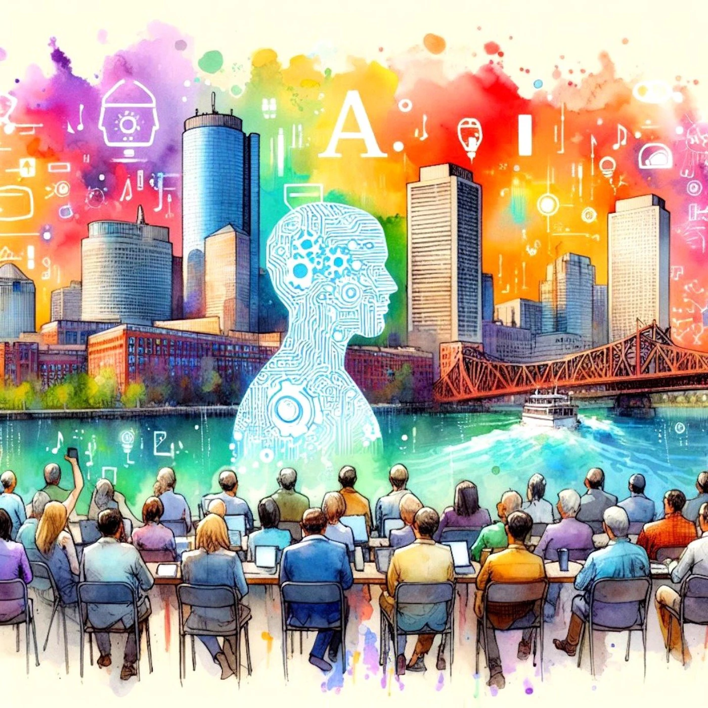 (Illustration) An illustration depicts a group of people sitting at a table, facing a cityscape and a translucent human figure overlaid with circuit-like lines.  The background features colorful watercolor splashes and various icons related to technology and music. Text: A.I conceptual | Colors: #FFC300, #FF5733, #C70039, #900C3F, #581845 Note: The image is a stylized, artistic representation of a concept, not a photograph or other realistic depiction. The watercolor style and symbolic elements clearly indicate it's an illustration.