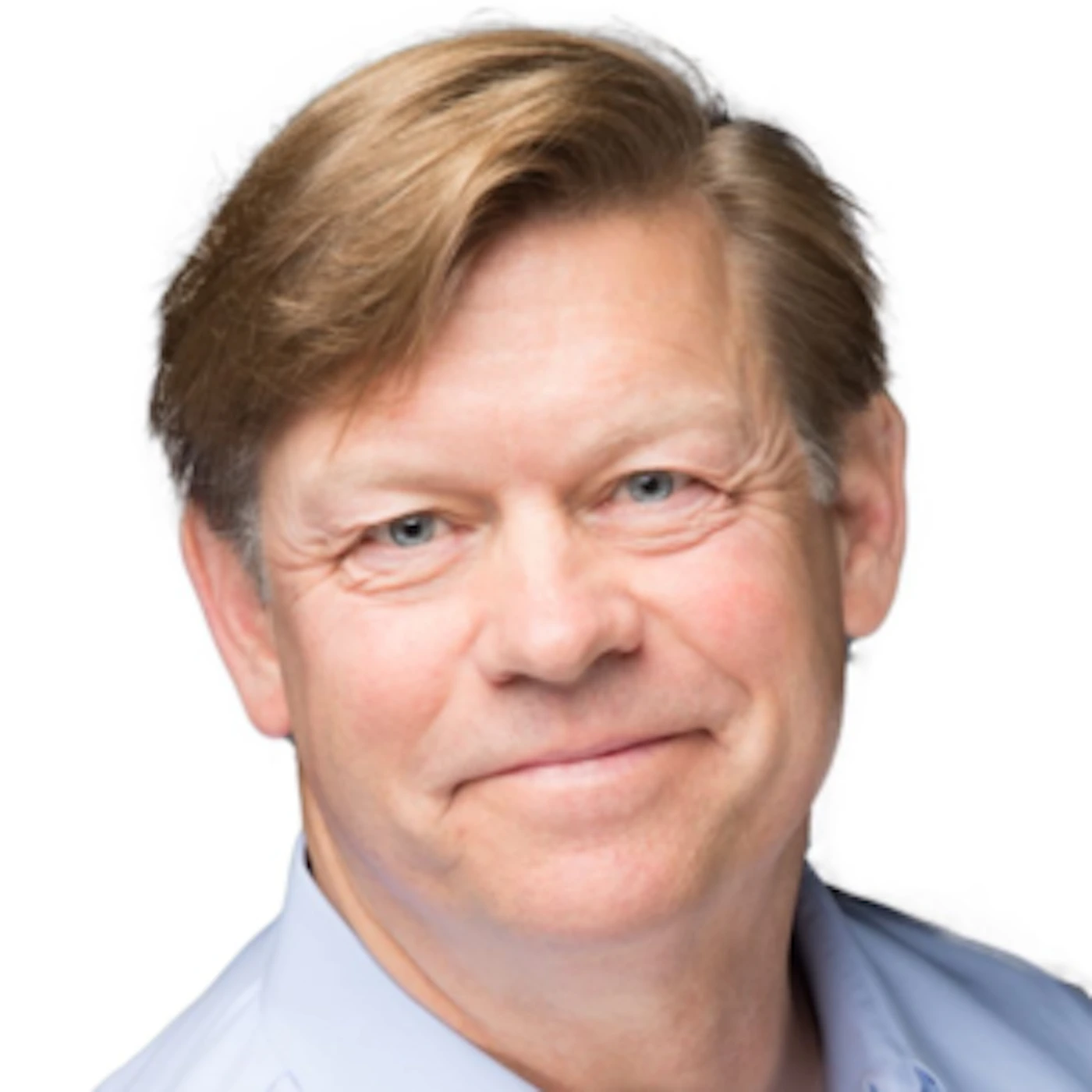 (Photo) A professional headshot of a smiling middle-aged man with light brown hair, wearing a light blue collared shirt, against a plain white background. person | indoor | single man, smiling, headshot, light brown hair | portrait, professional headshot | Colors: #FFFFFF, #A0C0E0, #B4804E, #E0C7A9, #6A4E3A Note: The image is a realistic depiction of a person captured by a camera, characterized by its photographic quality and focus on a human subject.