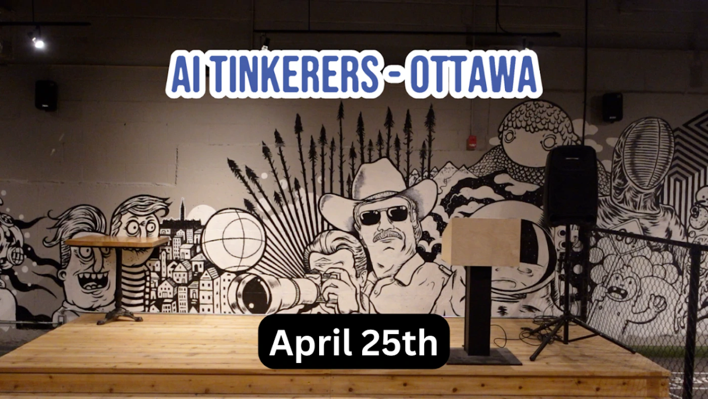 (Banner) A promotional banner for an event featuring a stage with a large black and white mural in the background and overlaid text. Text: AI TINKERERS - OTTAWA April 25th 90% Modern and informative, utilizing a real-world setting as a backdrop. | Colors: #3F51B5, #FFFFFF, #000000, #C6B093 Note: The image combines a photograph with prominent digital text overlays to announce a specific event, functioning as a promotional banner.