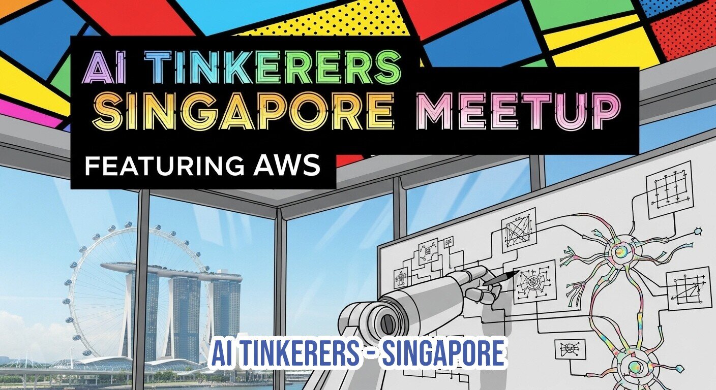 A vibrant promotional banner advertising the 'AI Tinkers Singapore Meetup featuring AWS,' set against an illustration of the Singapore skyline and a robotic arm drawing AI diagrams on a board.. Text: AI TINKERERS SINGAPORE MEETUP FEATURING AWS AI TINKERERS - SINGAPORE