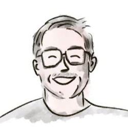 (Illustration) A smiling man wearing glasses is depicted in a stylized illustration. portrait | Colors: #000000, #a0a0a0, #f08080 Note: The image is a drawing of a person, not a photograph, and doesn't fit the characteristics of a logo or other specified types. It's clearly an artistic representation, hence 'illustration'.