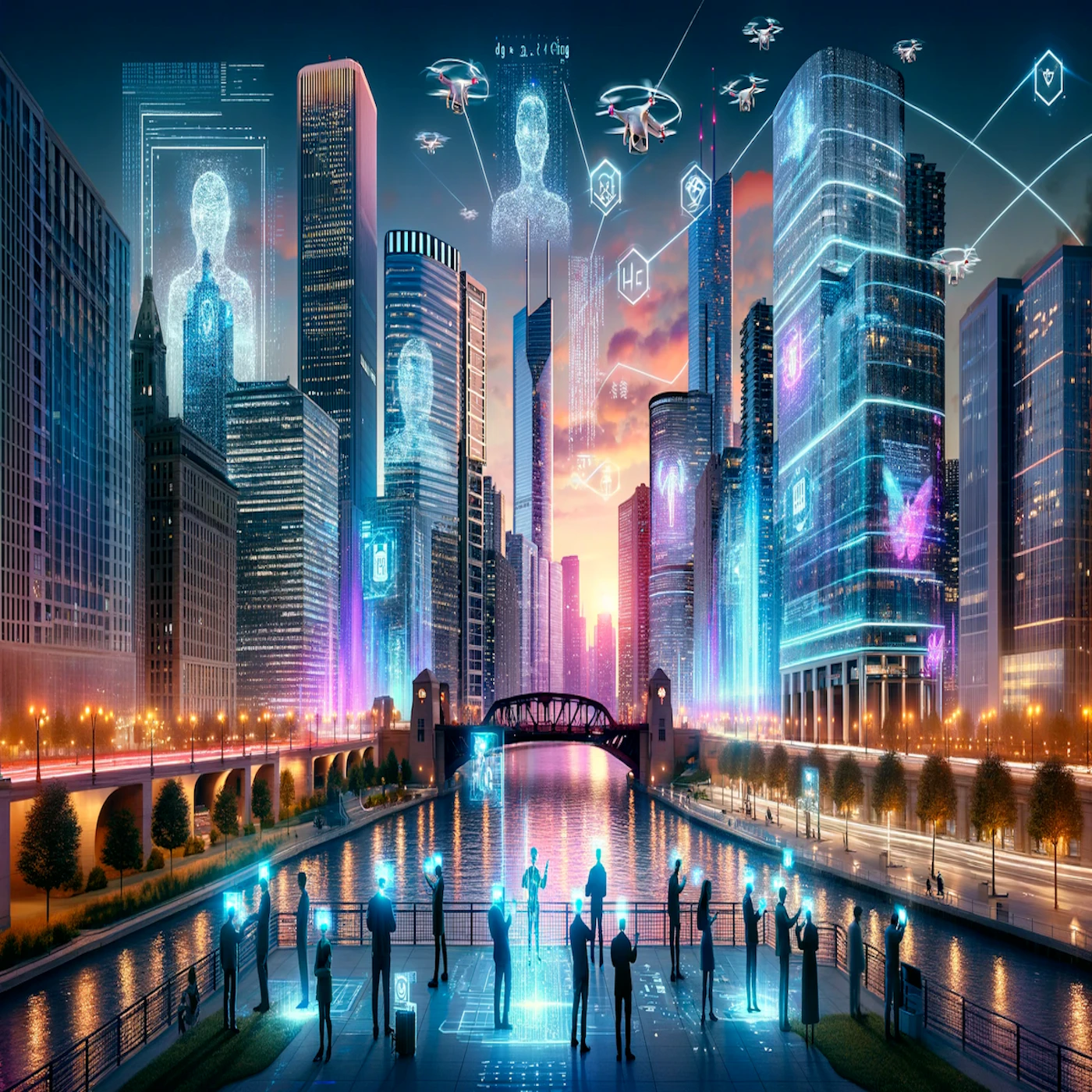 (Illustration) An illustration of a futuristic cityscape at sunset, with holographic projections of people, data, and drones overlaid on the buildings and river. 3D | Colors: #002AFF, #FF6A00, #FF00FF Note: The image is a digitally created artwork depicting a futuristic concept, rather than a photograph or other type of image.