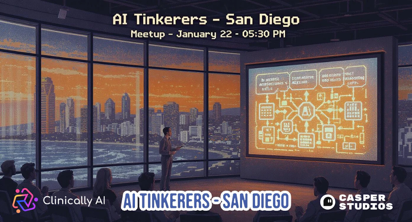 (Banner) A promotional banner featuring a pixelated illustration of an AI meetup event held in a high-rise conference room overlooking a sunset cityscape. Text: AI Tinkerers - San Diego Meetup - January 22 - 05:30 PM Clinically AI AI TINKERERS - SAN DIEGO CASPER STUDIOS Retro/pixel art aesthetic, dark interior contrasting with a vibrant orange and purple sunset palette. | Colors: #4C465E, #F2994A, #FFFFFF, #6C3C9C Note: The image is designed primarily to advertise a specific event (a meetup) with clear date, time, location, and sponsor information presented through prominent text overlays, classifying it as a promotional banner.