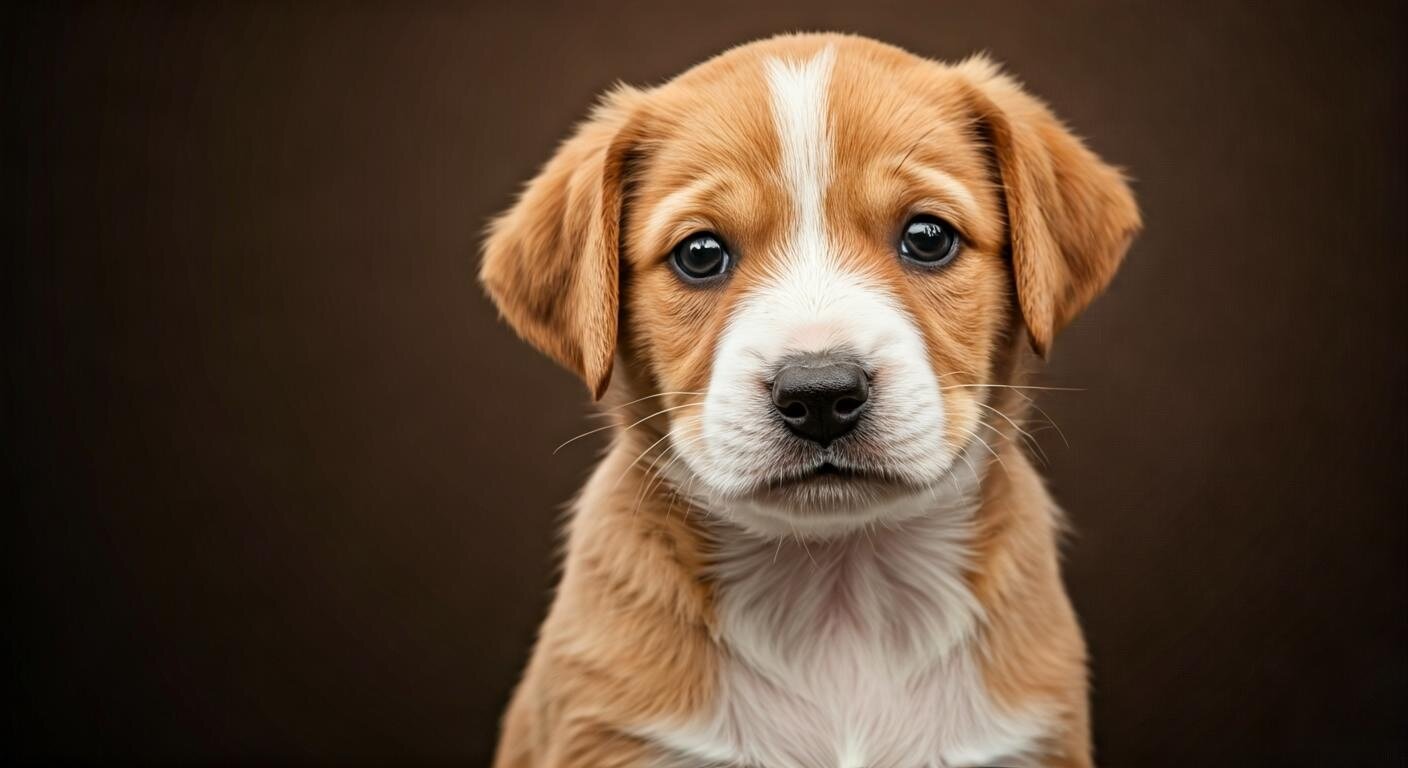(Photo) A close-up portrait of a cute puppy with light brown and white fur, looking directly at the viewer against a dark brown background. The puppy has large, dark, expressive eyes. animal (puppy) | indoor | close-up, expressive eyes, brown and white fur markings, soft focus on background | portrait | Colors: #4A2E1D, #C28B5E, #F0F0F0, #2C2C2C Note: The image captures a realistic subject (a puppy) with photographic detail, natural lighting, and depth of field, characteristic of a photograph rather than an illustration or other image types.