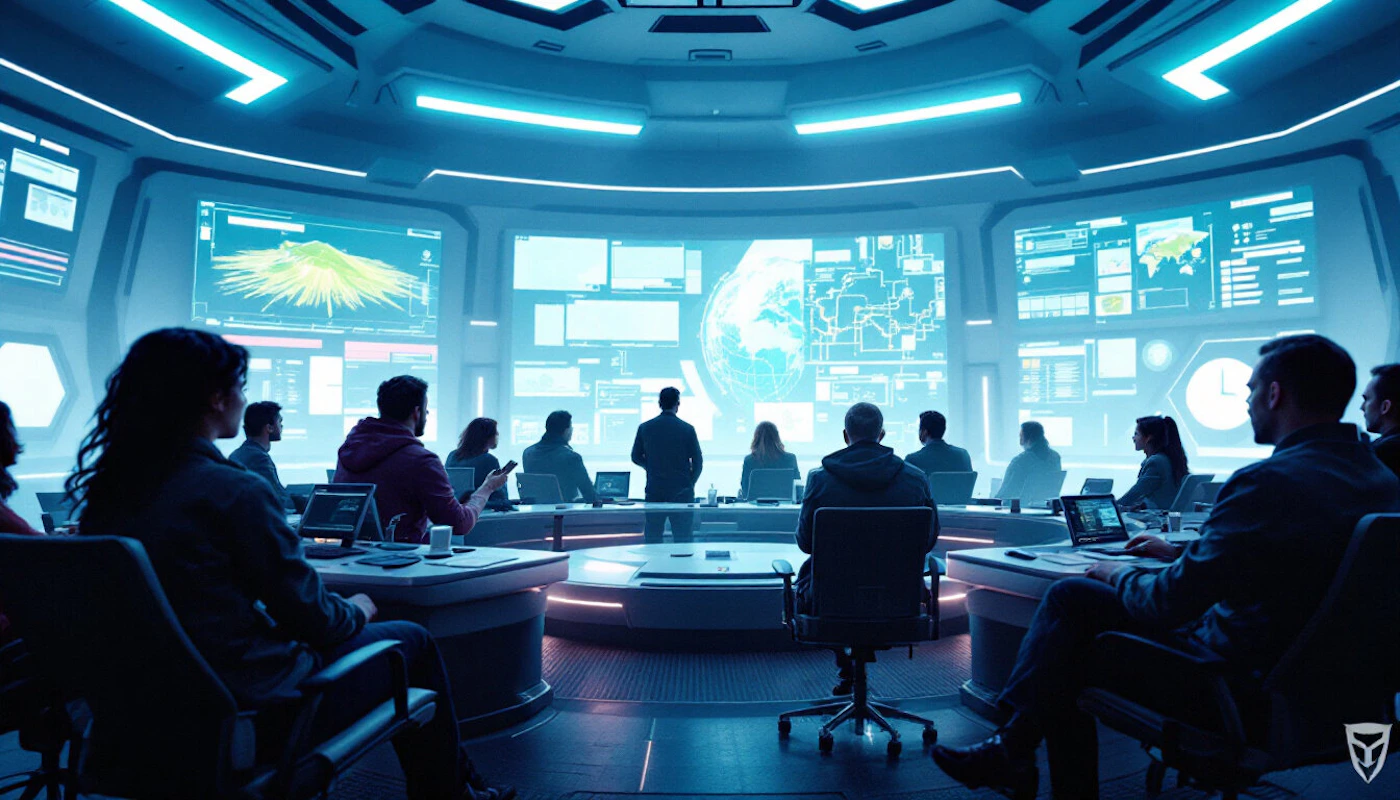 (Photo) A group of people are sitting in a futuristic control room, looking at a large screen displaying various data visualizations, including a globe and graphs. people | indoor | futuristic control room, data visualizations, group of people | wide shot | Colors: #00a8f3, #252a34, #ffffff Note: The image is a realistic depiction of a scene, likely from a film or television show, capturing a moment in time with people and technology. This makes it a photograph rather than an illustration or other image type.