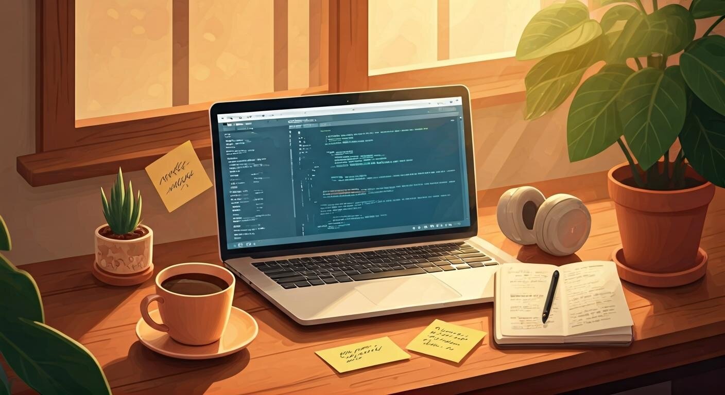 (Illustration) A digitally illustrated scene of a cozy workspace, featuring a laptop displaying code, a coffee cup, headphones, and two potted plants on a wooden desk bathed in warm sunlight from a window. Flat, clean lines, warm lighting effect | Colors: #8B5E3C, #4CAF50, #FFD700, #C0C0C0, #E6B88C Note: The image exhibits a clear artistic style with simplified forms, smooth lines, and a consistent color palette, indicating it is a digitally created artwork rather than a photograph.