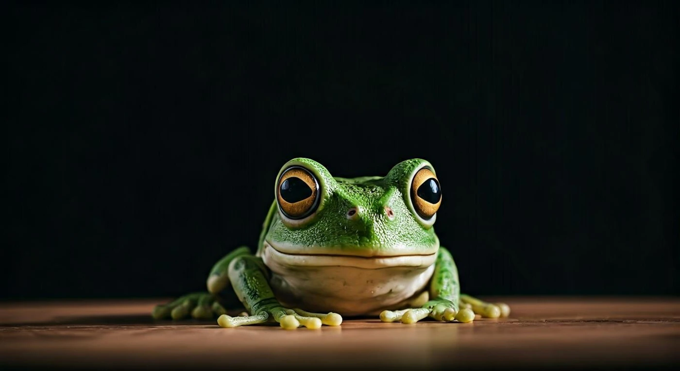 (Illustration) The image features a highly detailed and realistic digital illustration of a green frog with large, expressive eyes, sitting on a wooden surface against a dark, out-of-focus background. The frog is positioned centrally, looking directly forward. realistic, detailed, 3D | Colors: #72B553, #A3721E, #7A4F2D, #0F0F0F Note: The image depicts a subject that appears to be a digitally created render or painting, rather than a photograph of a real animal. The texture, lighting, and stylized realism of the frog suggest it is an illustration aiming for photorealism.