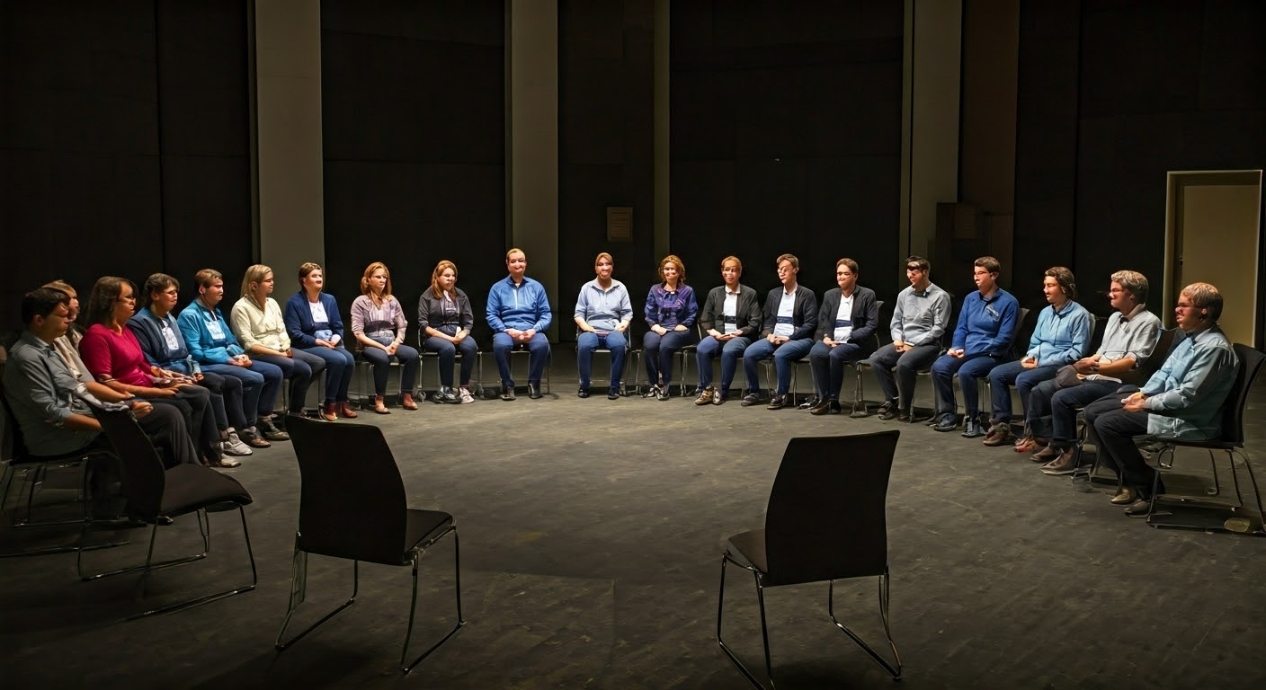 A group of people are sitting in a circle in a room. They are all looking in the same direction.