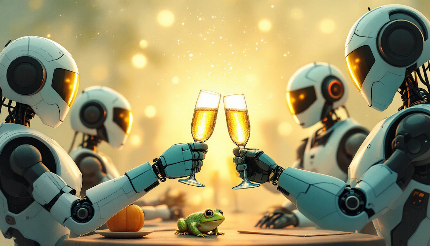 (Illustration) Four robots are seated at a table, two of them clinking glasses in a toast. A small frog sits on the table between them. 3D | Colors: #F2F2F2, #E8D9A3, #51C160 Note: The image is a digitally created artwork depicting a futuristic scene, not a photograph or other realistic image type.  It's clearly an illustration.