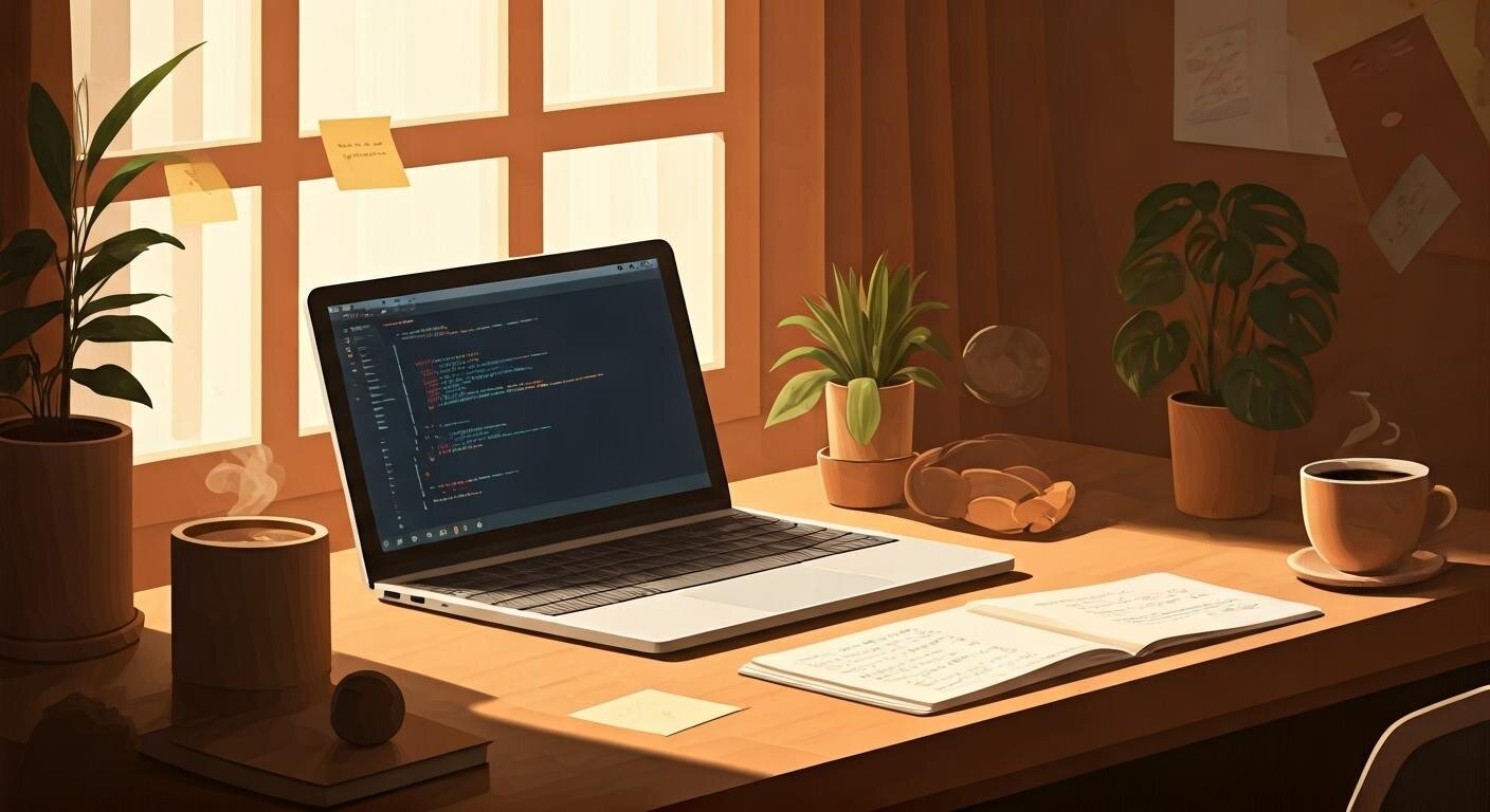 A warm and inviting digital illustration depicting a cozy desk setup by a sunlit window. The desk features an open laptop displaying syntax-highlighted code, several potted plants, a steaming cup of coffee, another cup with steam, and an open notebook with handwritten notes.. Text: [unreadable]