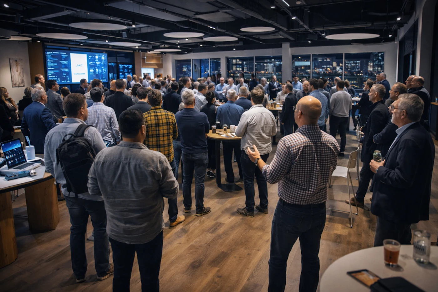 (Photo) A photograph capturing a large group of people, mostly men, gathered indoors at a networking or corporate event in a modern, dimly lit space. A large screen displaying data is visible on the left wall, and large windows overlook a city skyline at night. Text: [unreadable] Group of people attending an indoor event/presentation | Indoor, high-rise office or event space, night time | Large crowd facing a screen, city view through windows, wooden flooring | Candid/event photography, moody lighting | Colors: #2C2C2C, #A07452, #4A7A9C Note: The image is a realistic capture of a social gathering or business event, characteristic of event photography.