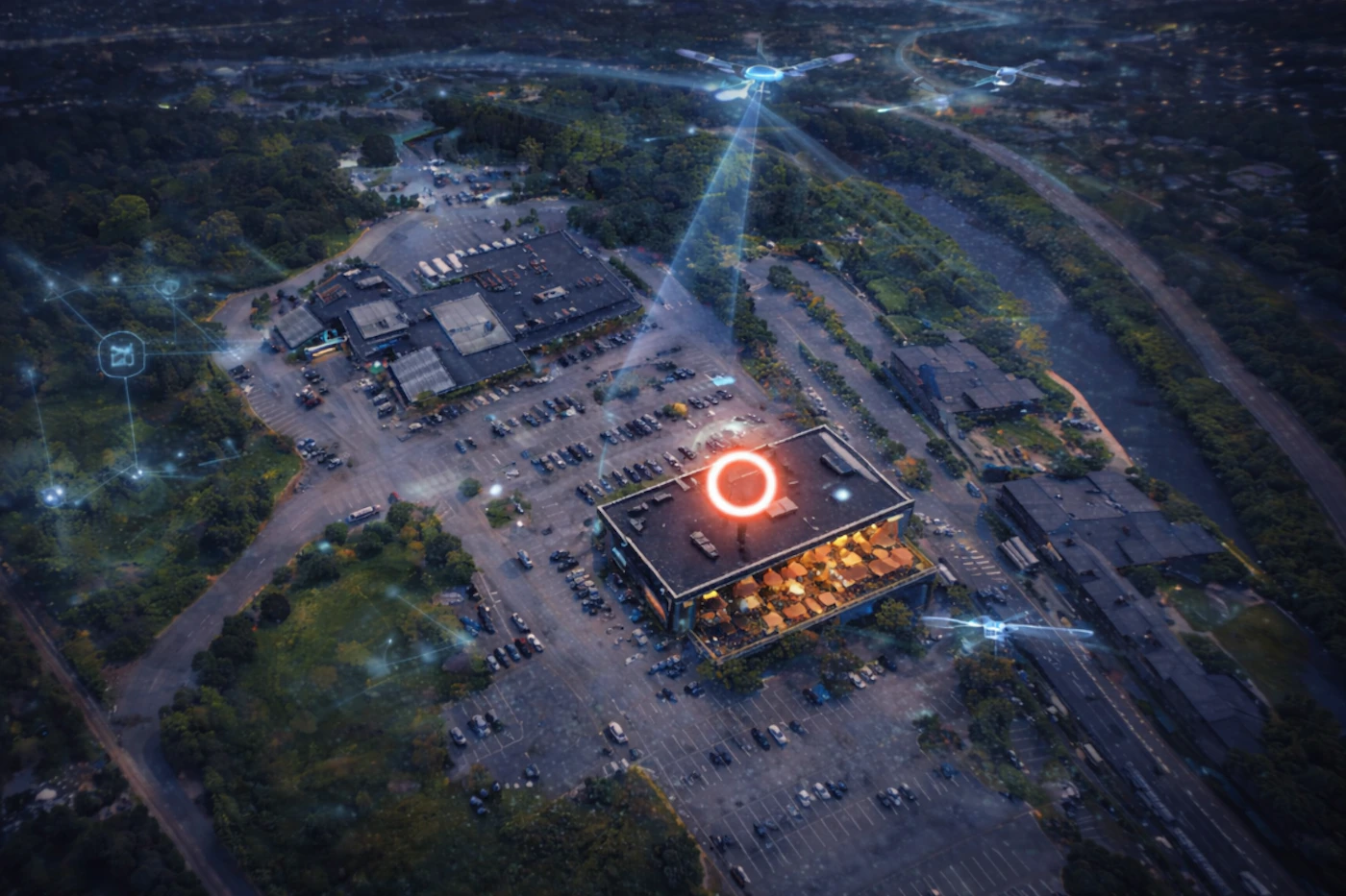 (Illustration) An aerial digital illustration of a suburban commercial area at dusk, featuring shopping center buildings and parking lots surrounded by trees and roads. The scene is overlaid with conceptual graphics showing glowing blue lines, data points, and a large drone radiating beams, highlighting smart infrastructure and connectivity. Realistic base rendering with futuristic, glowing overlays | Colors: #29383C, #FF5E33, #77D5FF Note: The image is a detailed digital rendering or composite that combines a realistic aerial view of a landscape with conceptual, futuristic graphic overlays (glowing lines, drones, stylized markers), indicating it is a conceptual visualization.