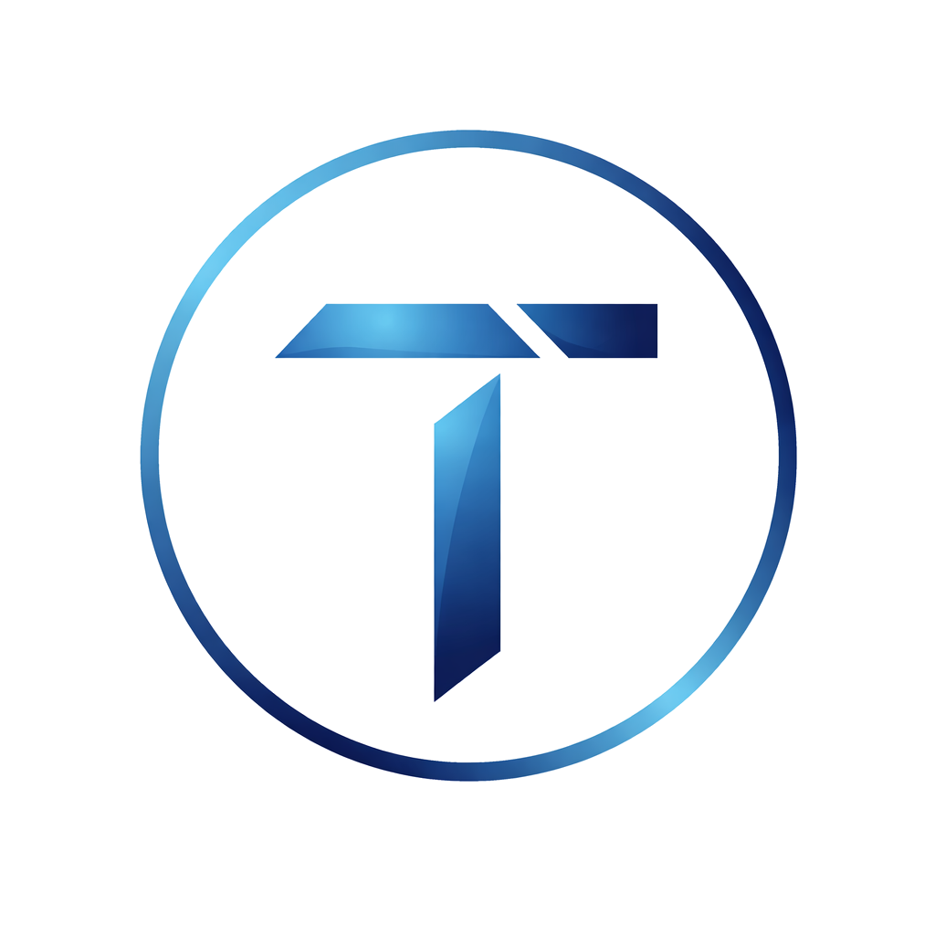 (Logo) A stylized, metallic blue letter 'T' enclosed in a thin circle, set against a solid black background. Text: T Colors: #000000, #1e4a8e, #7fb8e8 Note: The image features a stylized single letter within a geometric circular frame, which is a classic format for a brand mark or logo.