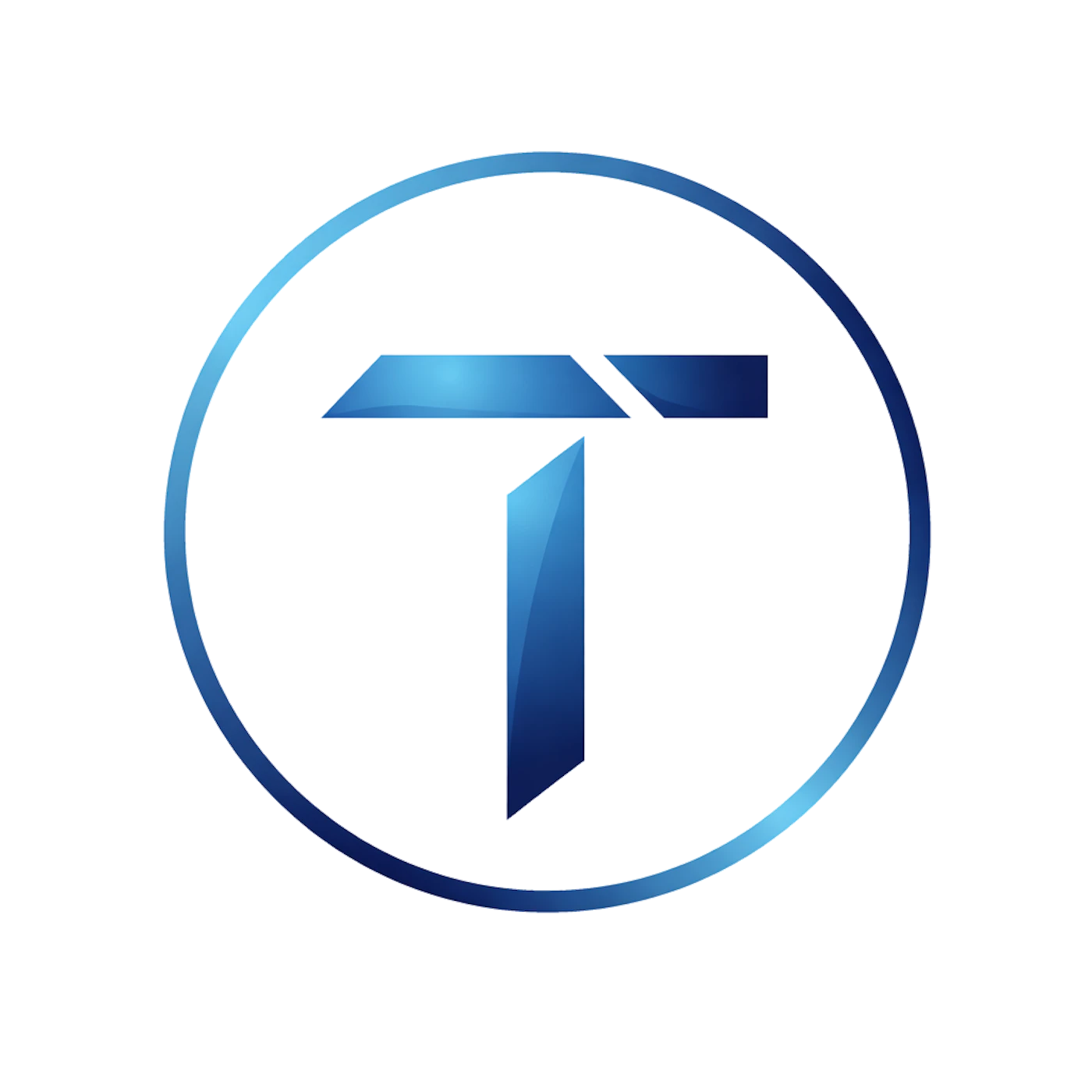 (Logo) A stylized, metallic blue letter 'T' enclosed in a thin circle, set against a solid black background. Text: T Colors: #000000, #1e4a8e, #7fb8e8 Note: The image features a stylized single letter within a geometric circular frame, which is a classic format for a brand mark or logo.