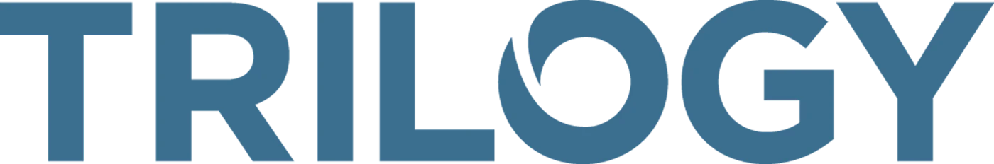 (Logo) The image displays the word 'TRILOGY' in a blue-grey sans-serif font. The letter 'O' is stylized with a swirling graphic element within its counter, set against a black background. Text: TRILOGY Colors: #446C8C Note: The image features a company name with a distinct stylized letter 'O' and a specific color scheme, which is characteristic of a brand's visual identity or logo.