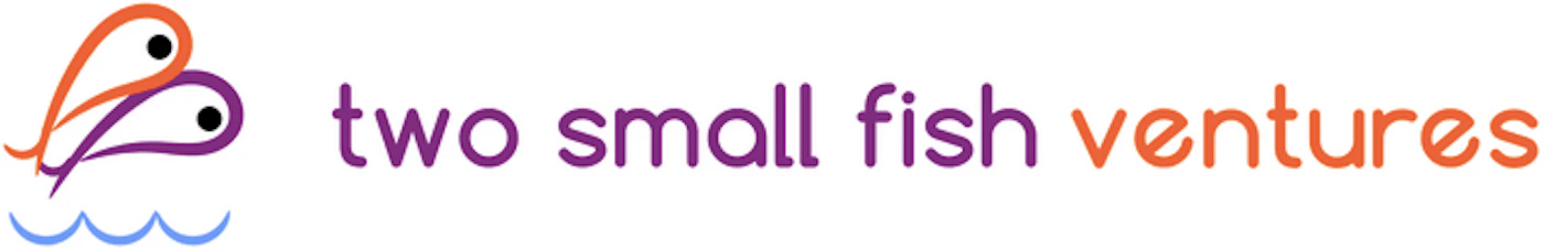 (Logo) A logo featuring two stylized, overlapping fish shapes (one orange, one purple) with black eyes, appearing to jump from blue wavy lines, positioned to the left of the brand name 'two small fish ventures'. The text 'two small fish' is purple, and 'ventures' is orange. Text: two small fish ventures Colors: #F27022, #7B3E9E, #88C0E3, #000000 Note: The image clearly functions as a brand identifier, combining a distinctive graphic symbol with a company name, which is the primary characteristic of a logo.