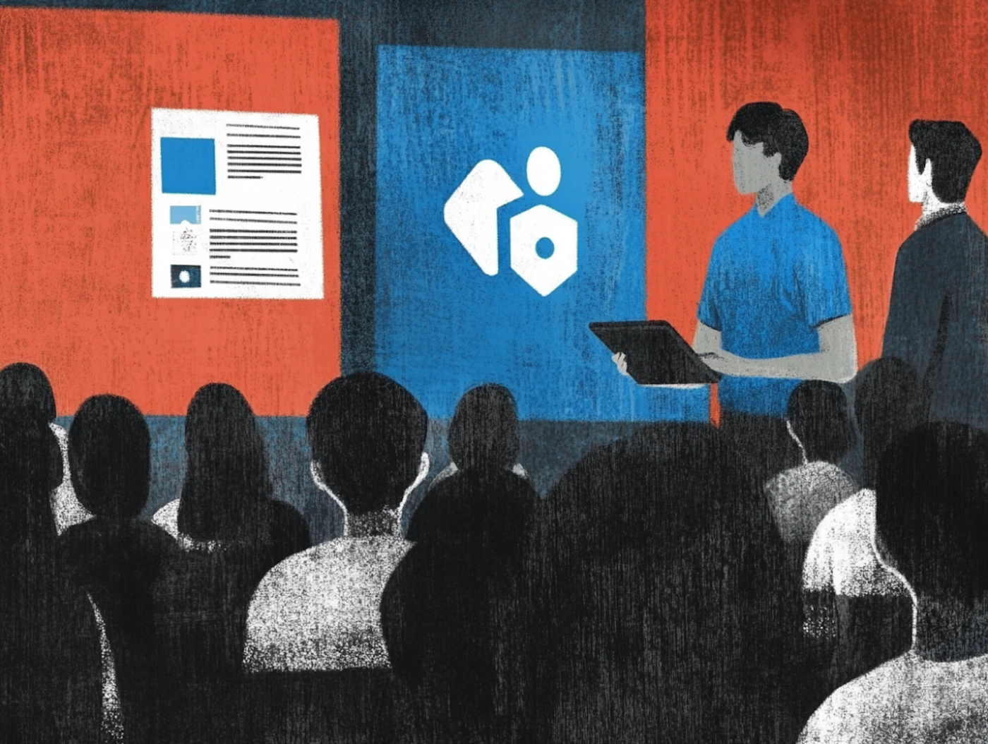 (Illustration) An illustration of a person giving a presentation to an audience.  They are holding a tablet and standing in front of a screen with a logo and some text. flat | Colors: #e06d5a, #2062af, #ffffff, #303030 Note: The image is a stylized, non-photographic depiction of a scene, indicating it's an illustration.