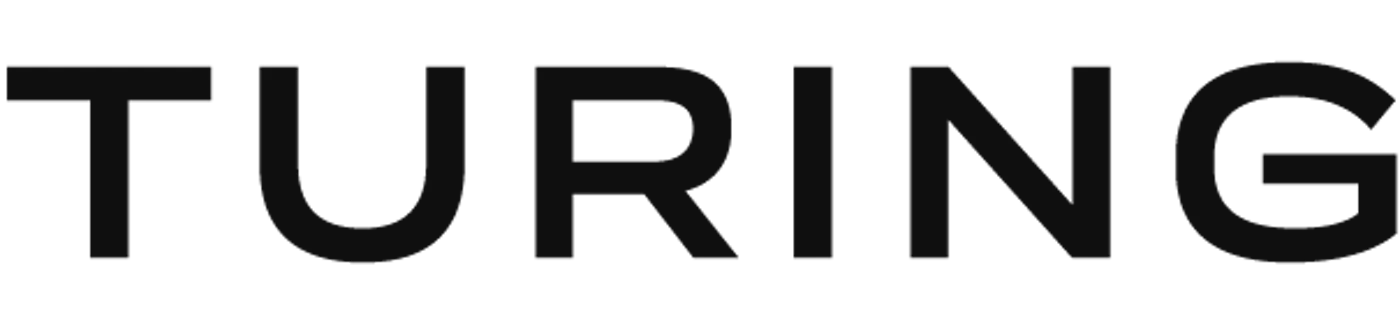 (Logo) A minimalist wordmark displaying the text "TURING" in a dark gray, bold, sans-serif font set against a solid black background. Text: TURING Colors: #000000, #1A1A1A Note: The image consists solely of a highly stylized wordmark intended to represent a brand or entity, which classifies it as a logo.