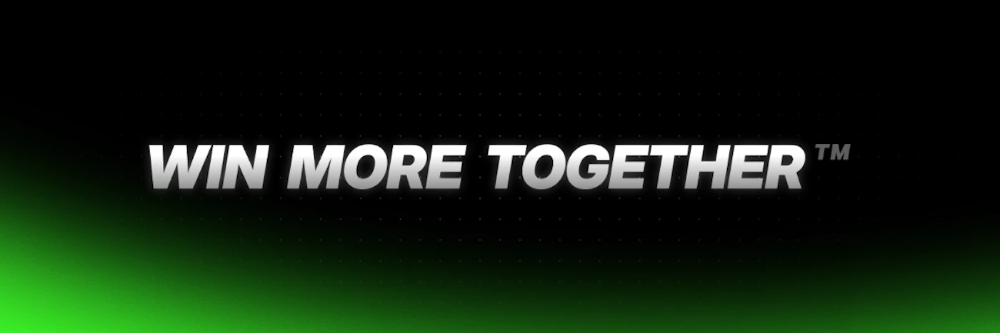 (Banner) A dark, high-contrast graphic featuring the motivational slogan "WIN MORE TOGETHER™" rendered in bold, metallic silver text. The background is black with a bright green gradient illuminating the bottom edge. Text: WIN MORE TOGETHER™ bold, metallic, high-contrast | Colors: #000000, #C0C0C0, #00FF00 Note: The image consists of a short slogan presented in a large, stylized font against a designed background, characteristic of a promotional header or banner graphic.