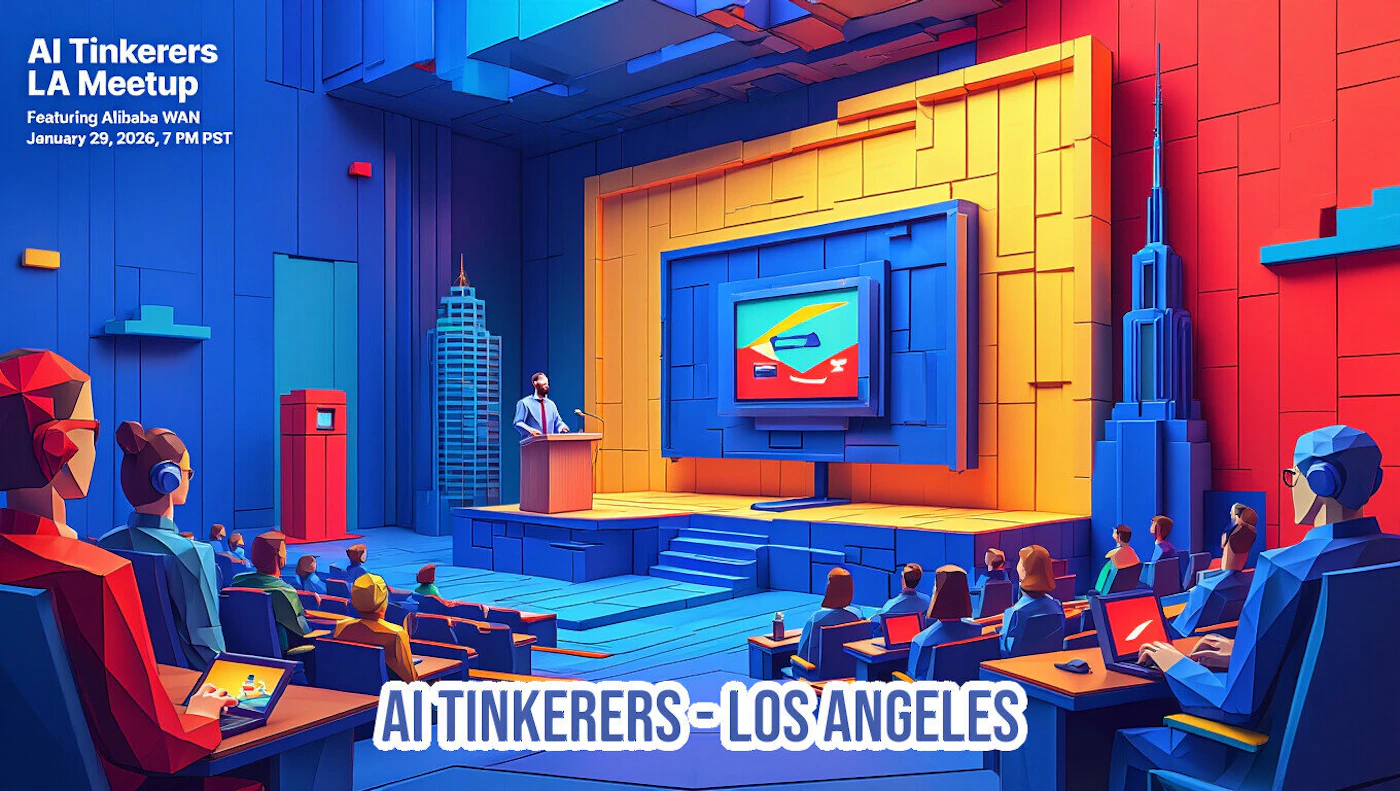 (Banner) A highly stylized, geometric illustration advertising the 'AI Tinkerers LA Meetup,' showing a speaker on a stage addressing an audience in a brightly colored, architecturally complex auditorium. Text: AI Tinkerers LA Meetup Featuring Alibaba WAN January 29, 2026, 7 PM PST AI TINKERERS - LOS ANGELES Bold, highly saturated, geometric/low-poly 3D style. | Colors: #0000FF, #FFD700, #FF0000, #FFFFFF Note: The image is a promotional graphic designed to advertise a specific event (a meetup), featuring key event details overlaid on a detailed illustration, classifying it as a banner.