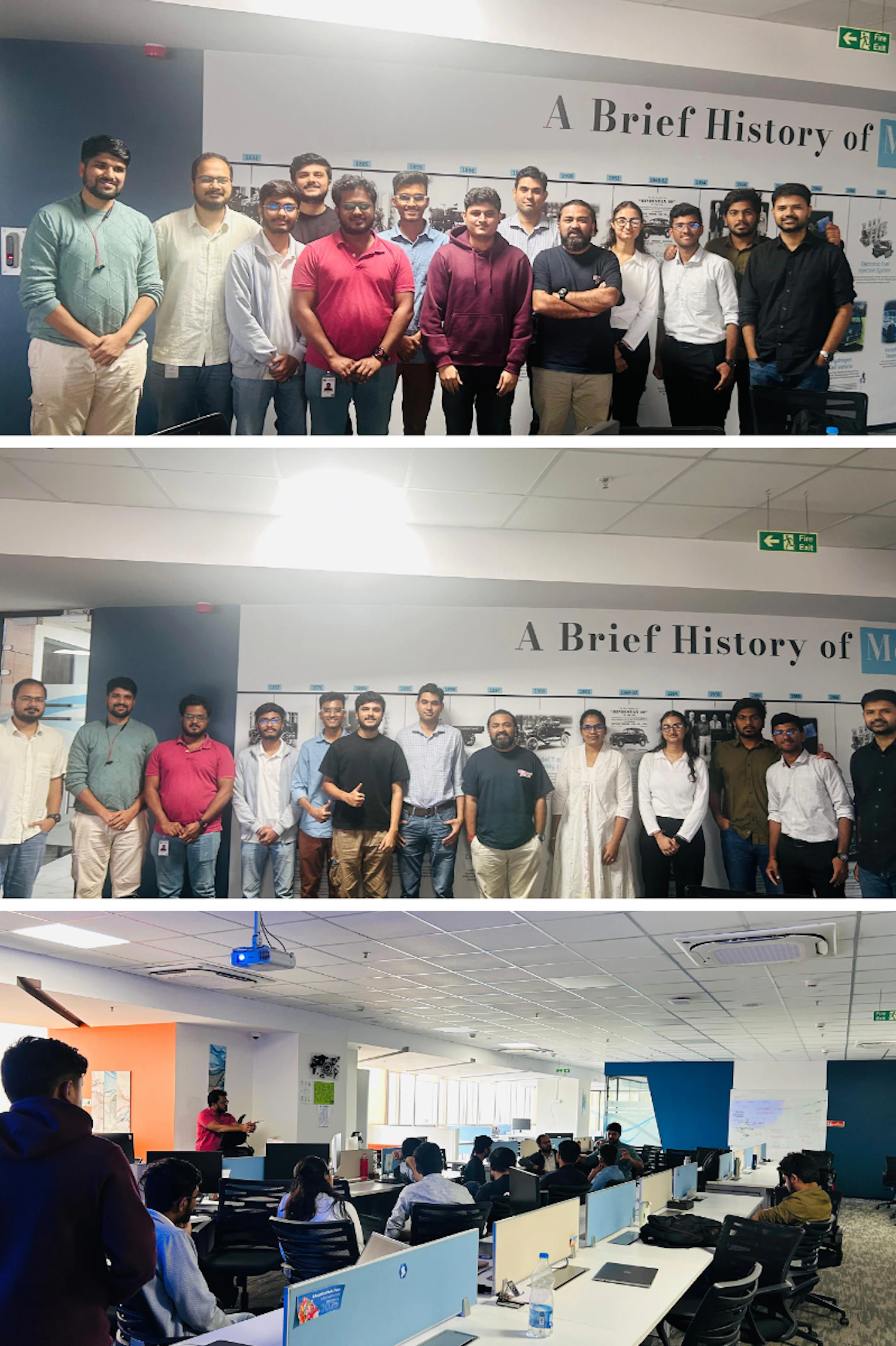 (Photo) A collage of three photographs depicting an office environment. The top two photos show different groups of people posing in front of a wall with a timeline, while the bottom photo captures an open-plan office with employees working at desks. Text: A Brief History of M[unreadable] Fire Exit People, office environment | Indoor (office) | Two distinct group photos of employees, an open-plan office space with multiple individuals working, a wall feature with a historical timeline. | Group portrait, candid office scene | Colors: #F0F0F0, #2C4B6F, #F58220, #4A4A4A, #A0C0D0 Note: The image is composed of multiple real-world photographic captures, showing people and an indoor office setting, rather than being an illustration, logo, banner, or handwriting.